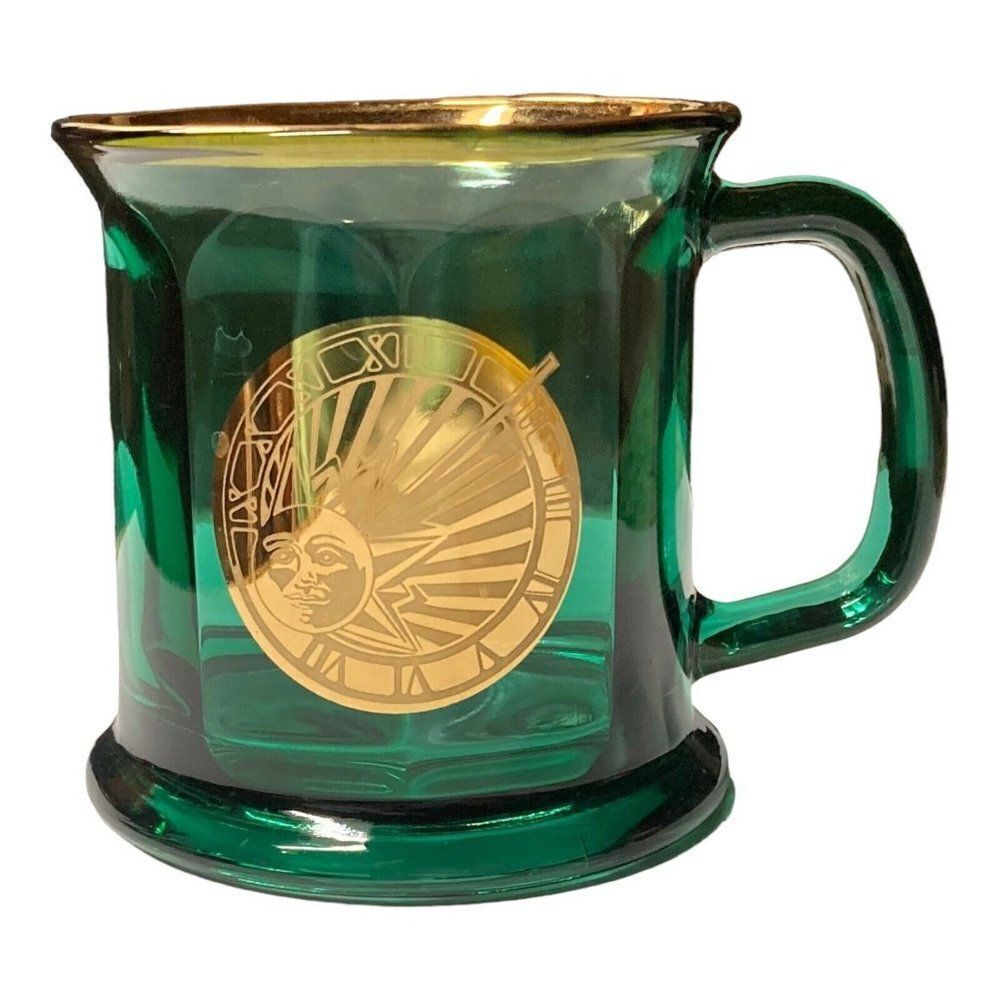 Vintage Golden Sunshine Roman Numerals Culver Glass Green Gold Gilded Crest Mug